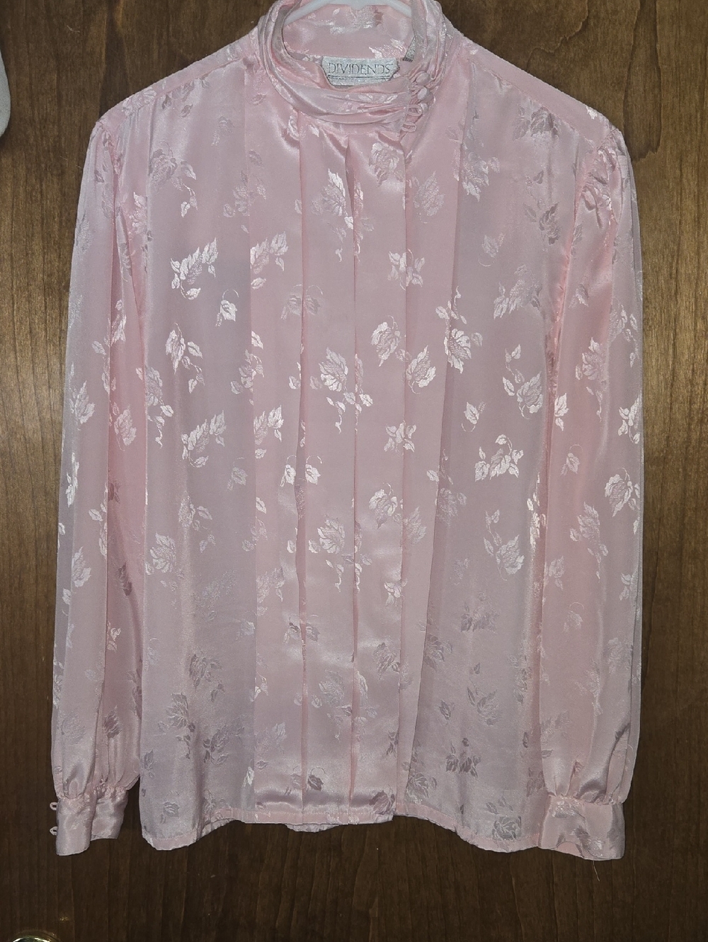 Vintage Pink Floral Satin Tie-Neck Blouse